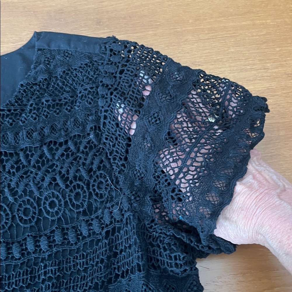 J. Crew Black Cotton Lace Blouse, Round Neck, Short Sleeves, Lined, Size 10 - Picture 7 of 11